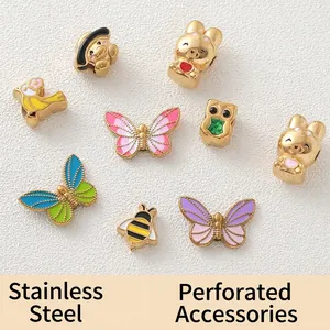 18K Gold Plated Stainless Steel Enamel Animal Charms Colorful Butterfly Bee Rabbit Bird Owl Loose Beads For DIY Jewelry Making