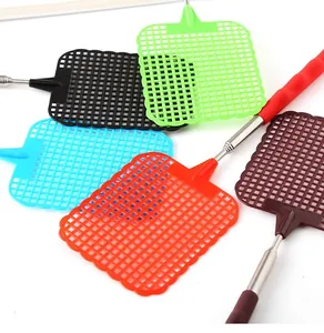 Multi-color telescopic fly swatters with extendable stainless steel handles and plastic mesh