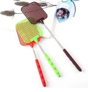 Set of three colorful telescopic fly swatters with durable stainless steel handles.