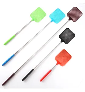 Set of telescopic fly swatters in multiple colors for household summer pest control.