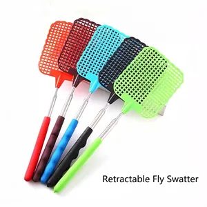 Set of 5 multi-colored retractable fly swatters for indoor and outdoor pest control.