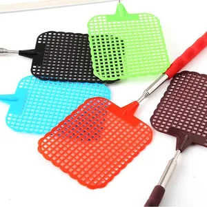 Colorful telescopic fly swatters with extendable metal handles and plastic mesh heads.