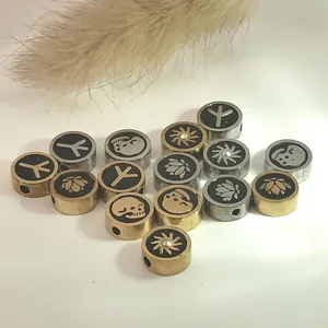 Stainless Steel Drip Oil Round Beads Skull Lotus Sunflower Rune Rhinestone DIY Jewelry Findings Straight Hole Spacer Beads