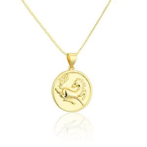 Macro view of 18K gold plated stainless steel necklace with horse zodiac coin pendant