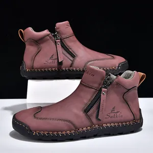 Outdoor men's burgundy casual Martin boots with dual side zippers and hand-stitched soles