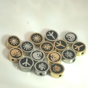 Detailed view of various decorative stainless steel beads with skull and lotus motifs.