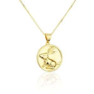 Detailed view of 18K gold-plated stainless steel necklace with round rabbit pendant