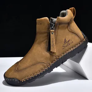 Classic brown men's outdoor casual Martin boots featuring handmade stitching and side zipper