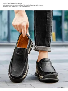 Detailed view of mens black casual leather outdoor shoes featuring thick non-slip rubber soles