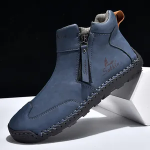 Men's outdoor blue casual leather boots featuring a side zipper and hand-stitched sole detail