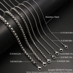 Close-up showing seven different widths of stainless steel box chains from 0.15cm to 0.6cm