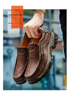 Close-up of durable brown leather men's outdoor casual shoes with rugged non-slip rubber soles