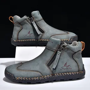 Hand-stitched men's outdoor casual Martin boots with side zipper in a grey-blue finish