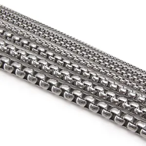 Detail view of stainless steel box chains in various widths for DIY jewelry making