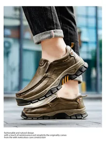 Detailed view of men's brown casual leather outdoor shoes with rugged rubber soles