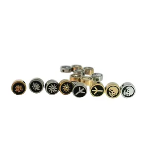 Mixed stainless steel round beads with engraved lotus skull and sunflower designs