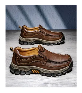 Durable brown leather outdoor casual shoes for men with thick rugged anti-slip rubber soles