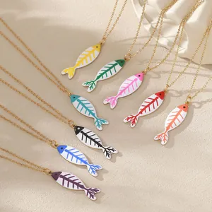 Collares con colgante de espina de pez de esmalte en acero inoxidable dorado para el verano