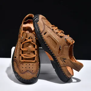 Sandales de loisirs pour hommes, respirantes, à bout fermé et semelle épaisse cousue main.