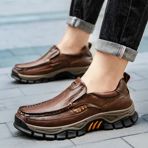 Men's brown leather outdoor casual shoes with thick lug soles and decorative stitching
