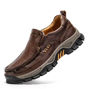 Durable men's brown leather outdoor walking shoes with slip-resistant thick rubber sole