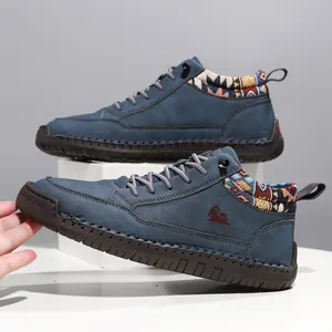 Men's blue mid-top Martin boots with ethnic patterns and durable stitched rubber soles