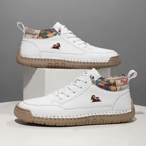 Unisex Microfiber Leather Martens Boots Ethnic Woven Pattern Outdoor Casual Mid-Top Workwear Stitched Sole Boots