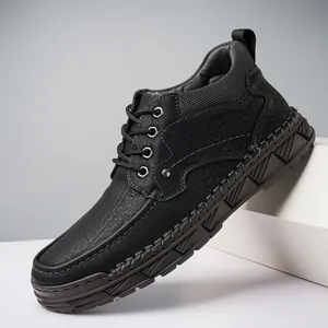 Men's black hand-stitched leather Martin boots with thick rubber soles for casual workwear