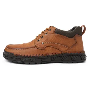 Side view of men's brown leather Martin boots with fine handmade stitching details