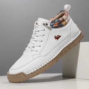 White mid-top casual Martin boots with colorful collar and durable rubber sole
