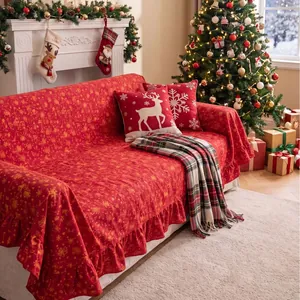 Christmas Ruffle Sofa Cover Red Gold Bronzing Plaid Sofa Throw Anti-slip Furniture Protector Cotton Linen Blend Fabric Cover