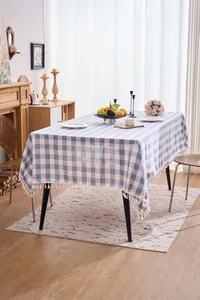 Classic blue and white checkered cotton linen tablecloth with elegant white fringe tassels