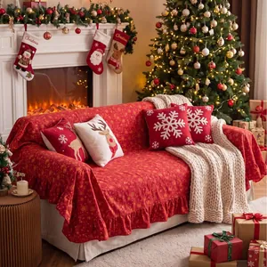 Red Christmas ruffled sofa cover with gold stamping in festive living room