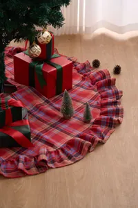 Decorative red plaid Christmas tree skirt with ruffles for festive holiday tree base