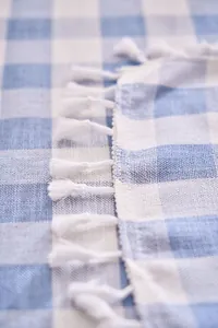 Macro view of blue and white checkered tablecloth fabric with white tassel edge details