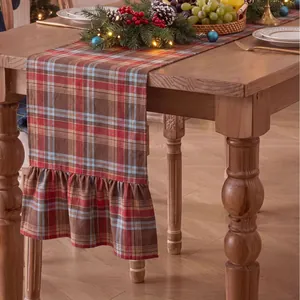 Christmas Plaid Table Runner With Double Ruffles Cotton Polyester Tartan Table Runner For Dining Room Party Holiday Home Decor