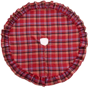 Classic red and blue plaid Christmas tree skirt with elegant ruffled edge for holiday decor
