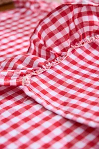 Macro view of a red and white gingham hand towel featuring a decorative ruffled edge