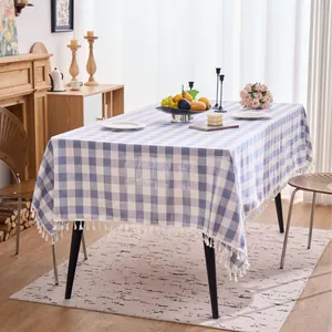 Elegant blue and white checkered cotton linen tablecloth with tassels for dining room