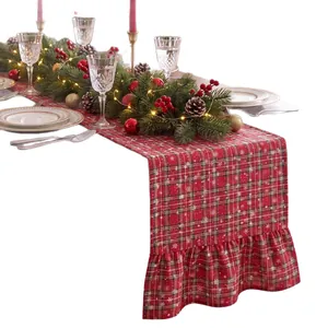 Festive red plaid Christmas table runner with double ruffle edges for holiday dining decor