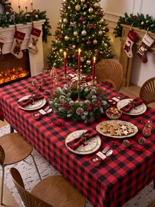 Red and black buffalo plaid Christmas tablecloth in a festive dining room setting