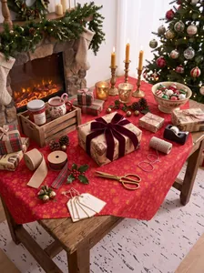 Festive red Christmas tablecloth with gold patterns on a holiday decorated table.