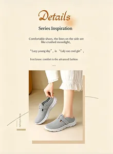 Detail van grijze mesh instappers voor dames met Engelse tekst over designinspiratie