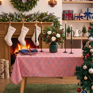 Festive red and white gingham Christmas tablecloth featuring delicate blue bow prints