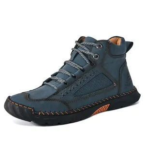 Durable men's PU leather ankle boots with hand-stitched details and flat lace-up sole