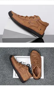 Detailansicht der braunen, handgefertigten Freizeit-Lederstiefel für Herren mit Ziernähten