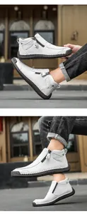 Detailansicht weißer Herrenfreizeitstiefel mit Reißverschluss und Handnaht.