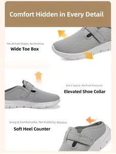 Detailoverzicht van comfortabele grijze mesh wandelschoenen met brede neus voor dames.