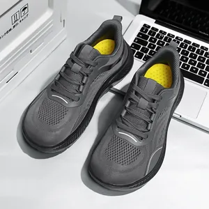 Grey mesh breathable men's sports sneakers, lightweight walking shoes for outdoor hiking.