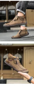 Detailansicht der braunen Herren-Stiefeletten mit Reißverschluss und Handnähten